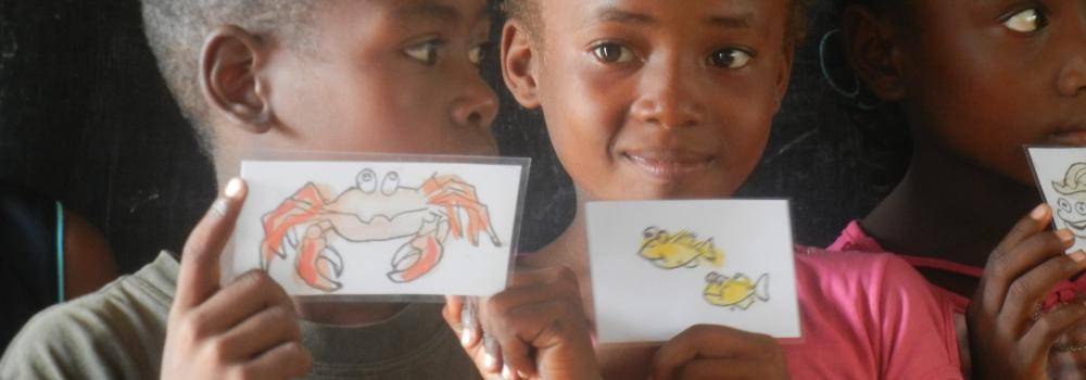 students with animal flashcards