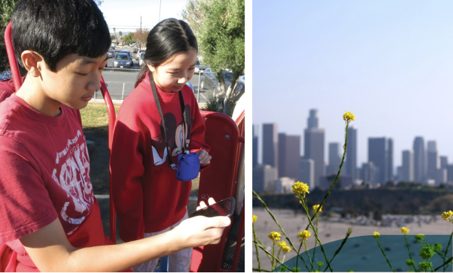 Students outside and a skyline photo