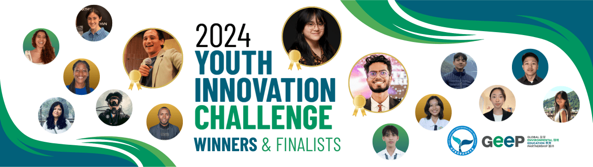 Graphic that says "2024 Youth Innovation Challenge Winners & Finalists" with headshots of winners in bubbles, and a blue-green wave theme.