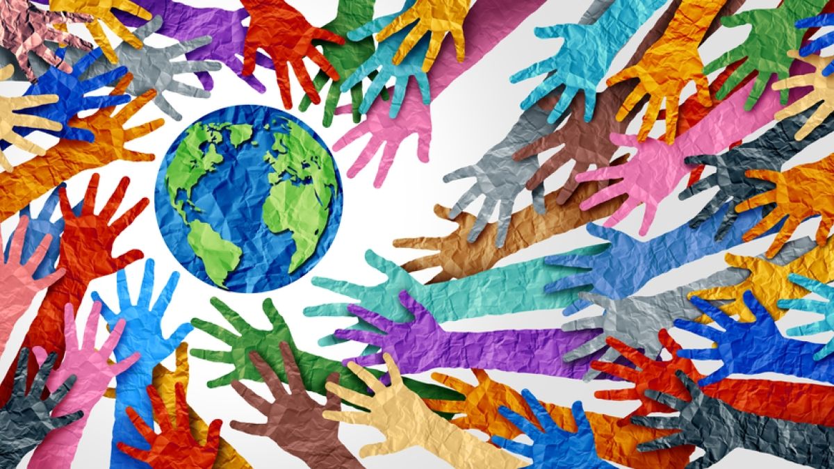 Hands around the world showing diversity and connections 