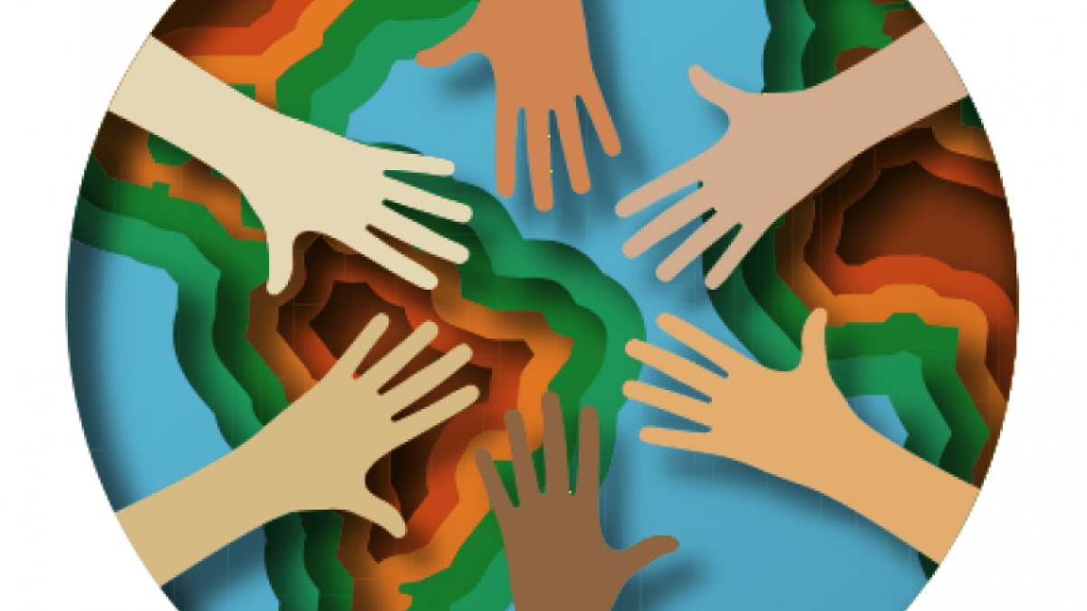 Hands around the world showing diversity and connections 