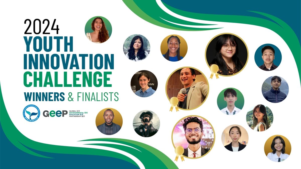 Graphic that says "2024 Youth Innovation Challenge Winners & Finalists" with headshots of winners in bubbles, and a blue-green wave theme.