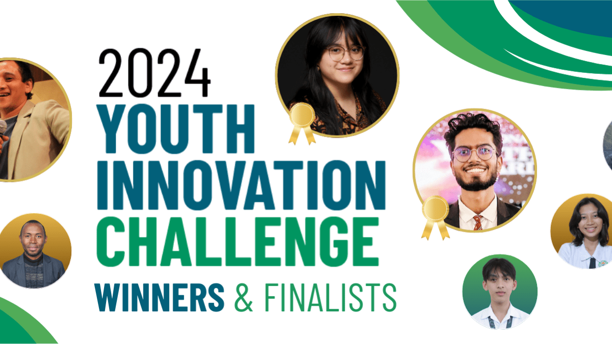 Graphic that says "2024 Youth Innovation Challenge Winners & Finalists" with headshots of winners in bubbles, and a blue-green wave theme.