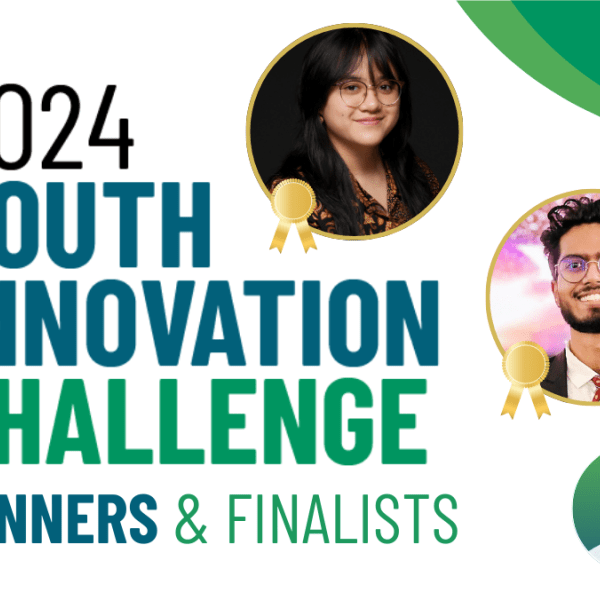 Graphic that says "2024 Youth Innovation Challenge Winners & Finalists" with headshots of winners in bubbles, and a blue-green wave theme.